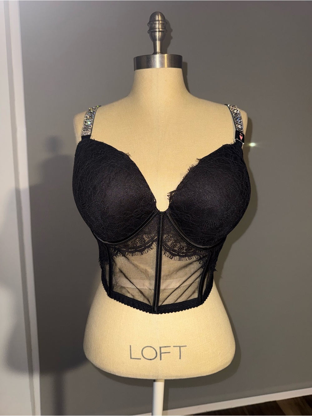 Victoria’s Secret Black Lace Longline Bustier Bra with Embellished Straps